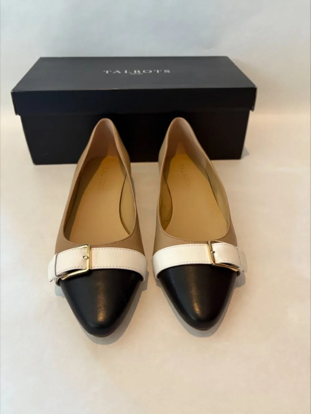 New in Box Talbots Navy White Nude Edison Buckle Flats Size 9